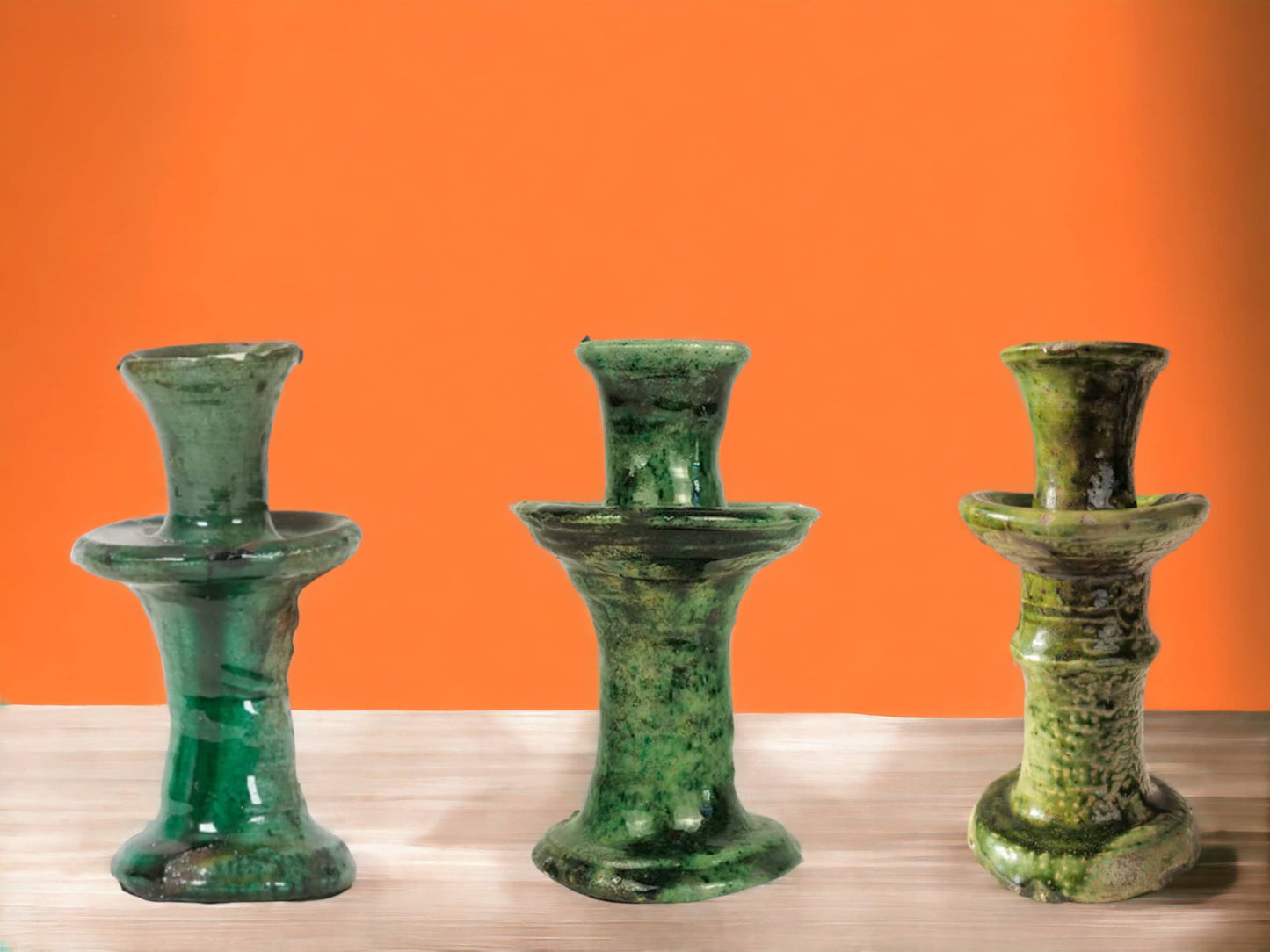 Handmade Moroccan Vintage Tamegroute Green Candlestick Holders: Set of 2 Small Ceramic Glazed Pottery