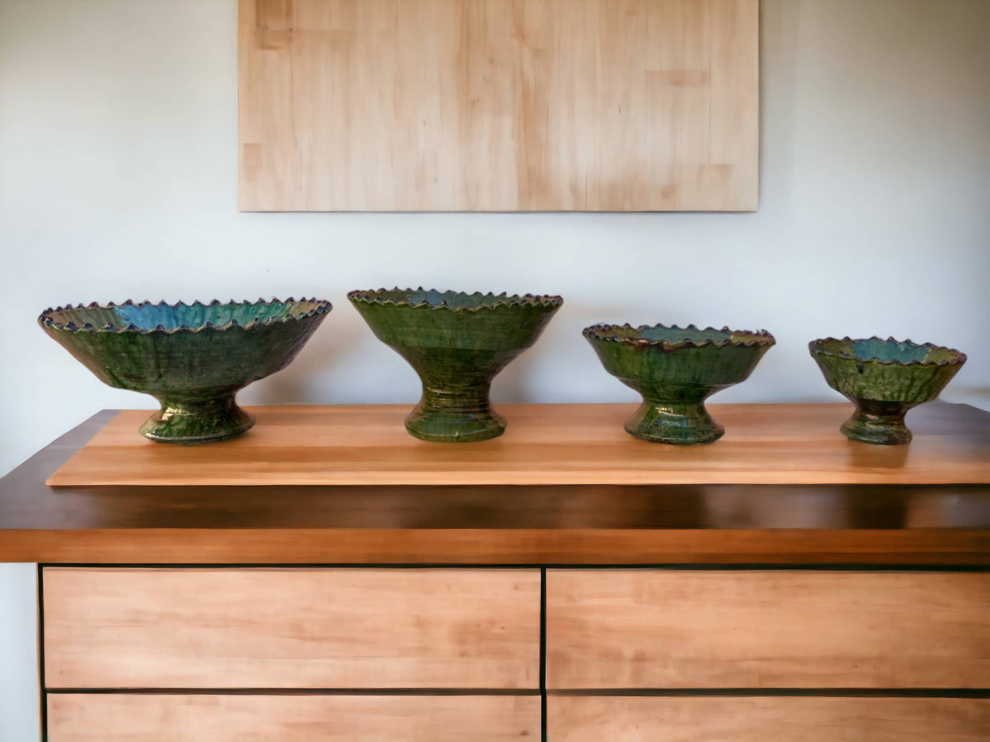 Tamegroute Fruit Bowls, Tamegroute Bowls Green & Ochre Glazed Pottery, A Collection Of 4 Ceramic Fruit bowls, each handmade in Morocco.