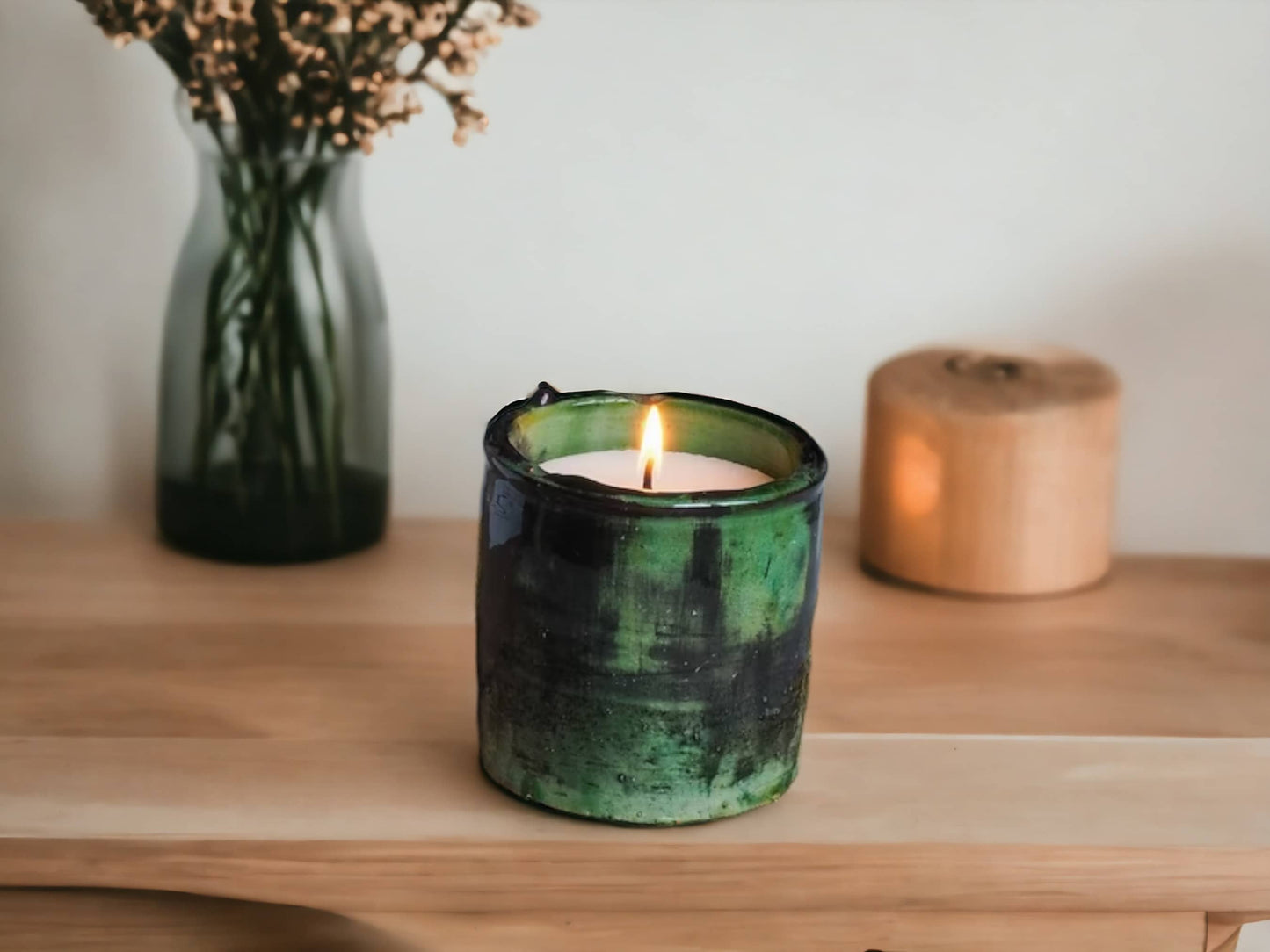Luxury Handmade Moroccan Shaded Green Tamegroute Scented Soy Wax Candle with Ceramic Holder
