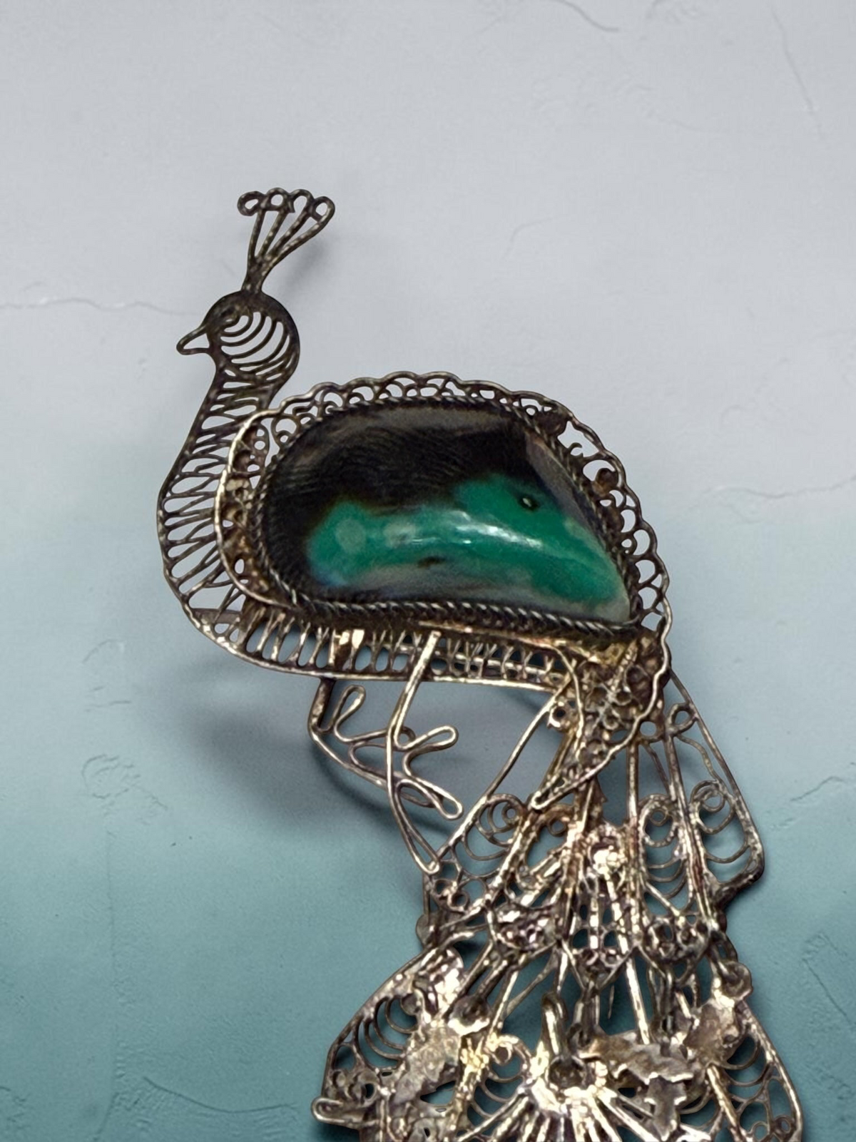 Vintage .950 Silver Filigree Peacock Brooch with Abalone Shell