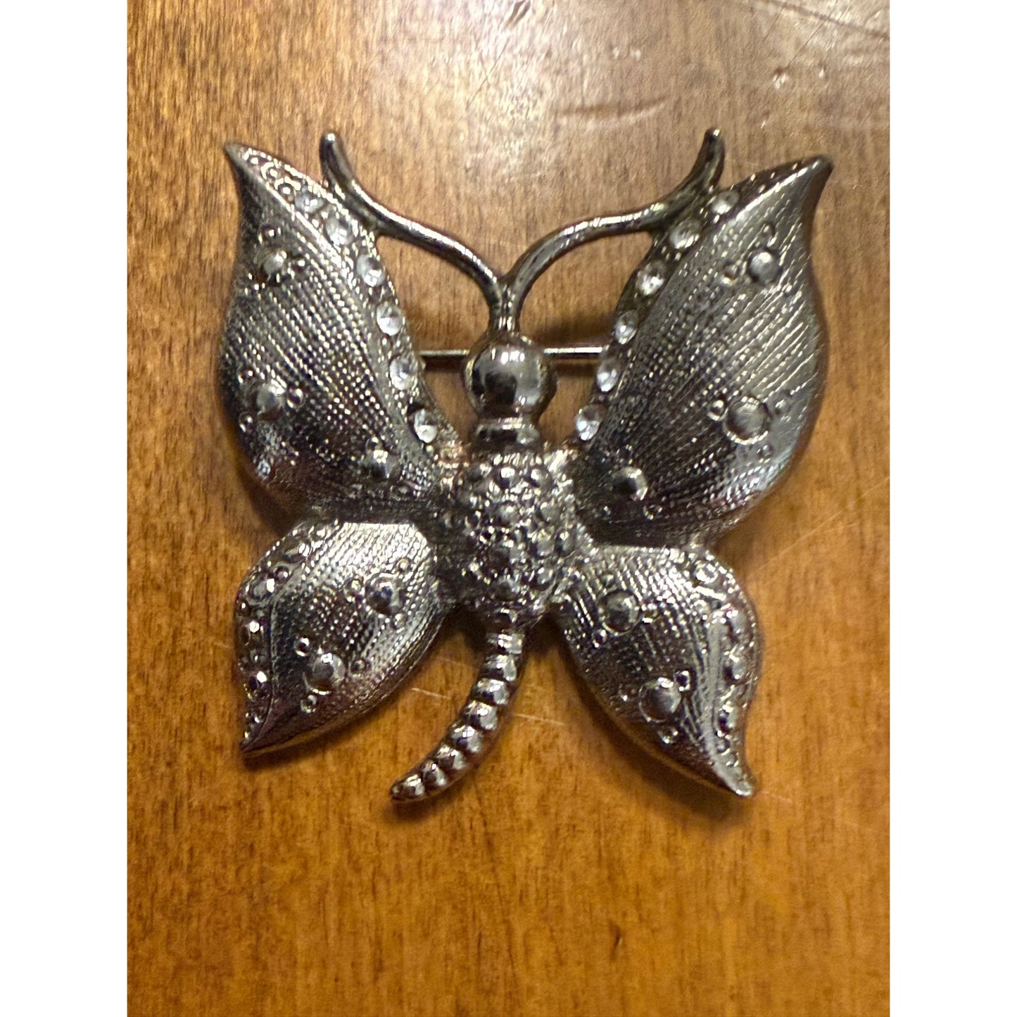 1950's Silver-Tone Butterfly Brooch With Rhinestone Accents