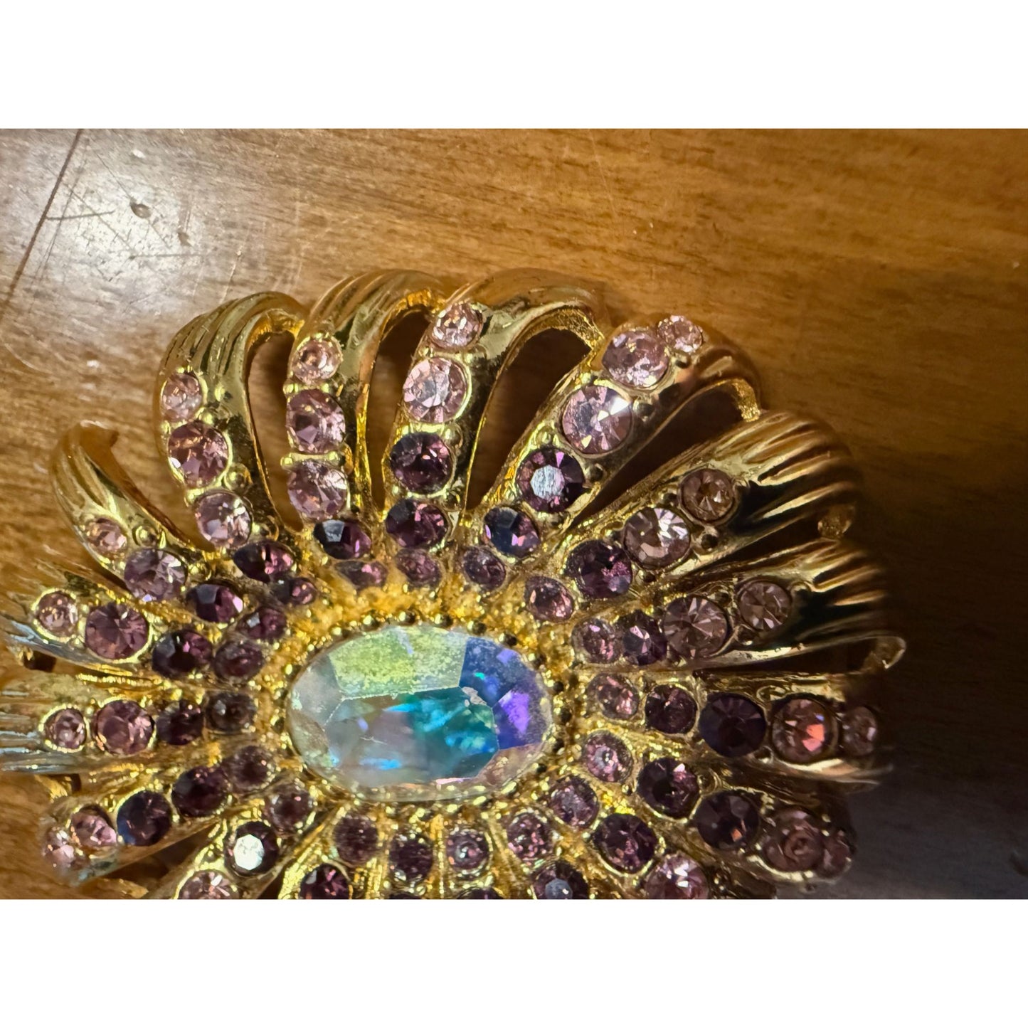 Vintage Gold-Toned Floral Brooch With Purple & Pink Rhinestones Oval Center