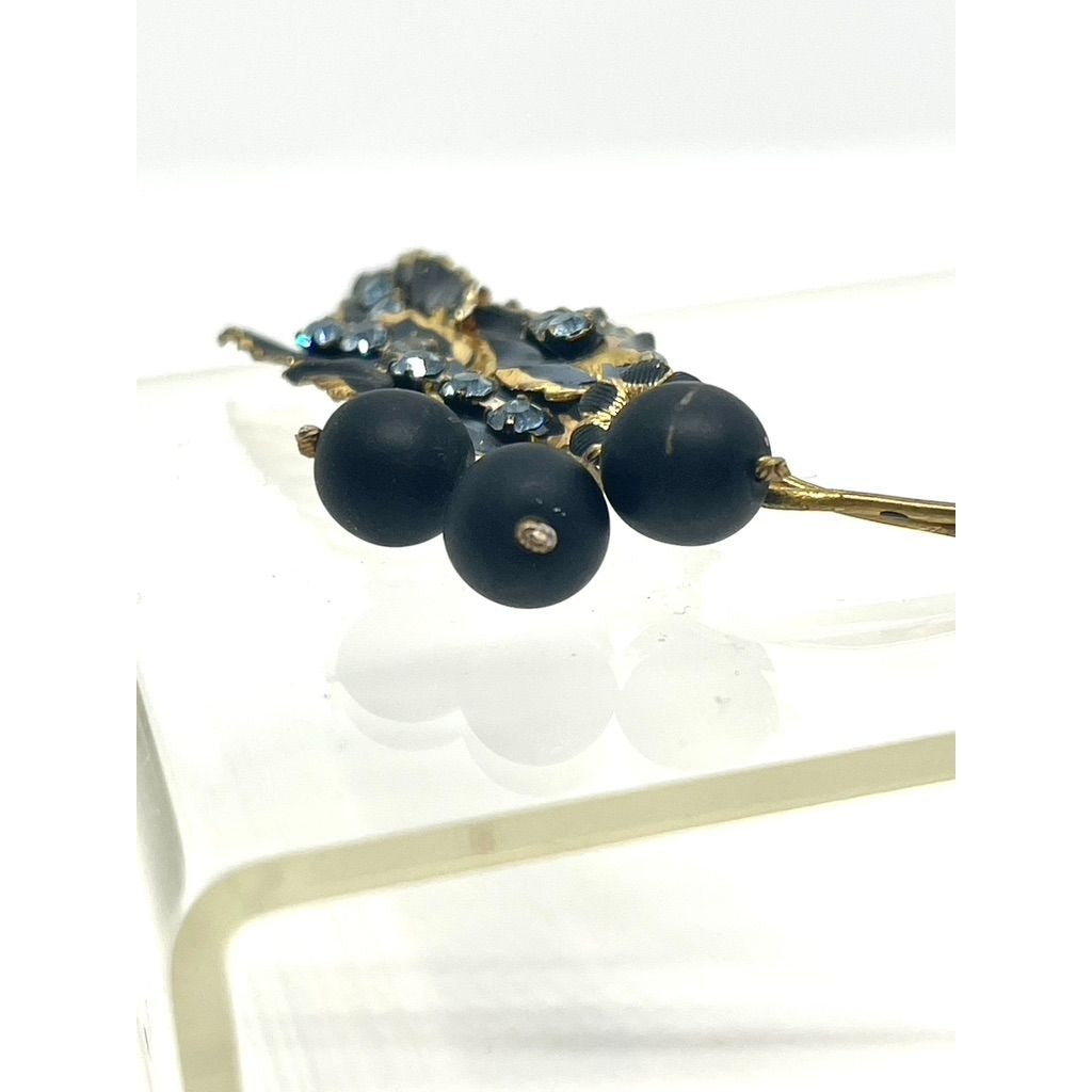 Signed Austrian Made Gold Toned Brooch with Black Enamel and Blue Crystal, Vintage 1950s