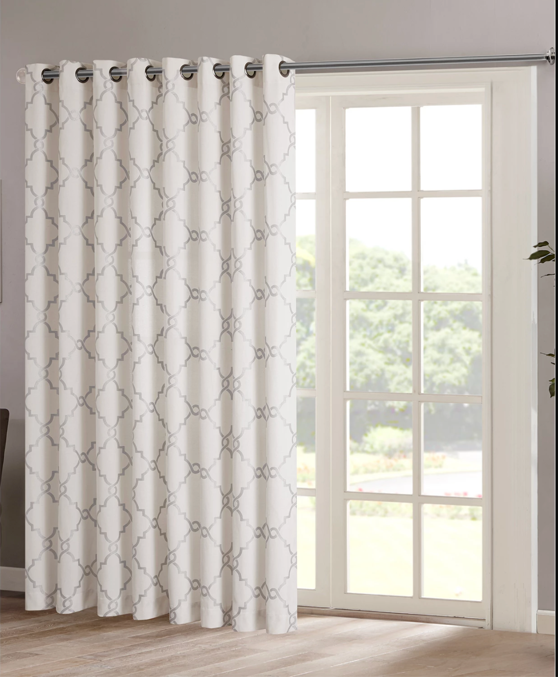 Madison Park Saratoga 100" x 84" Fretwork-Print Grommet Patio Curtain Panel Ivory and Silver