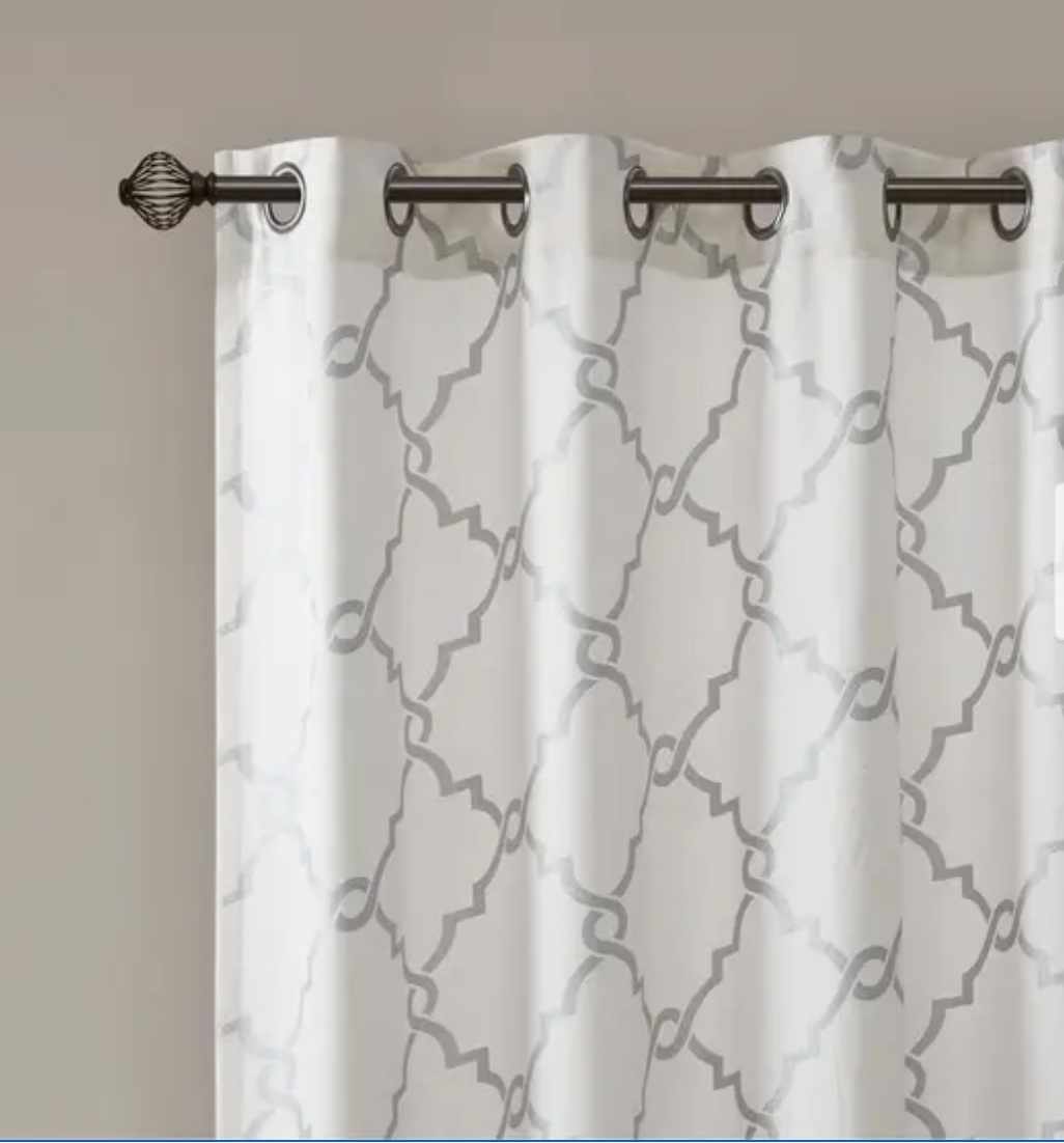 Madison Park Saratoga 100" x 84" Fretwork-Print Grommet Patio Curtain Panel Ivory and Silver