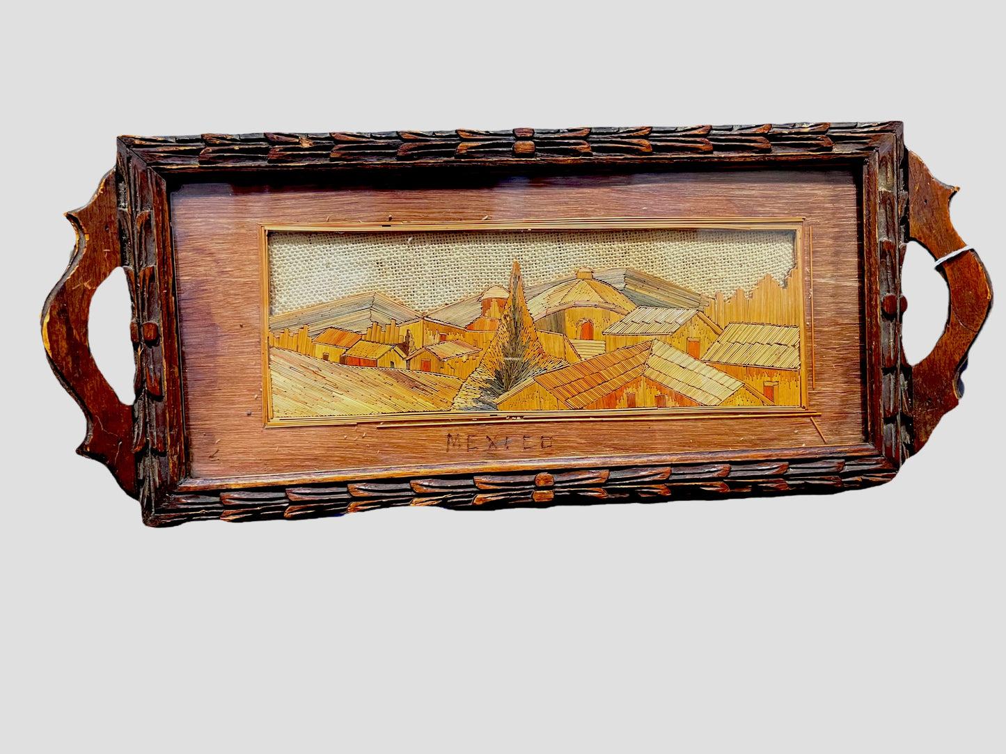 Vintage Folk Art Straw Beverage Tray Signed Mexico