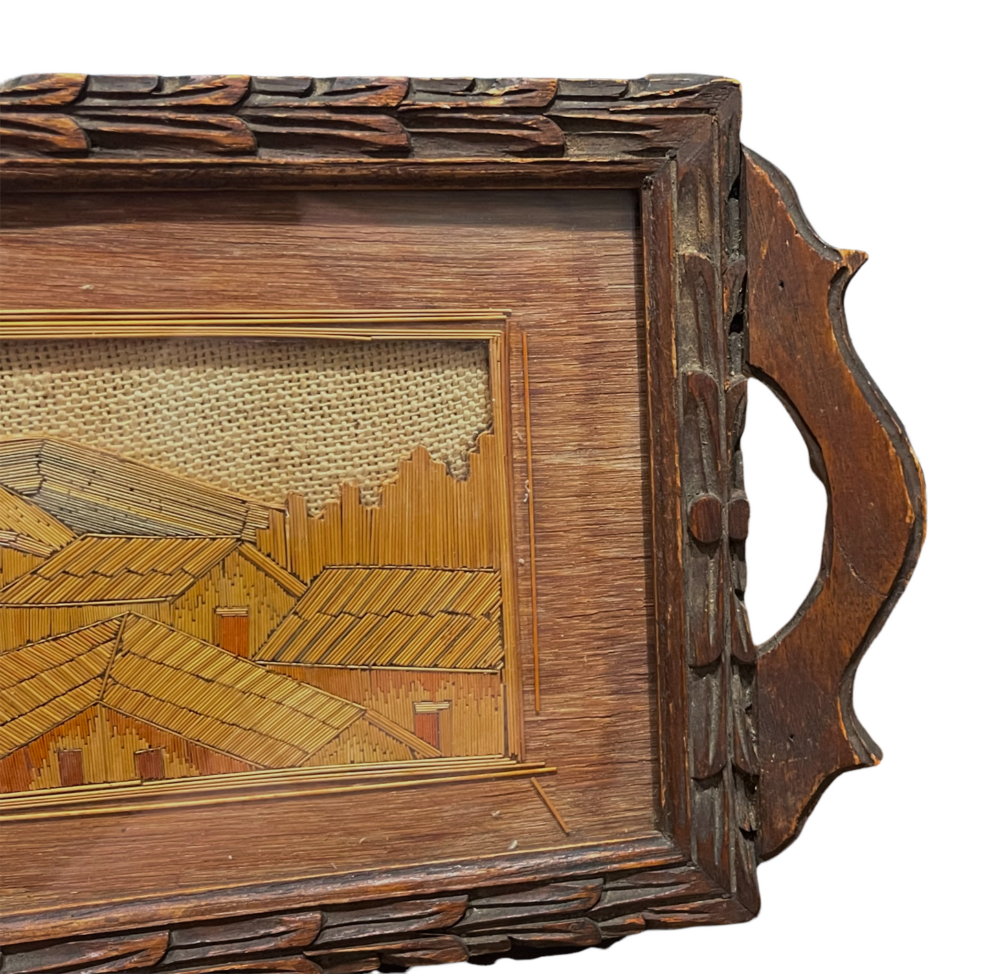 Vintage Folk Art Straw Beverage Tray Signed Mexico