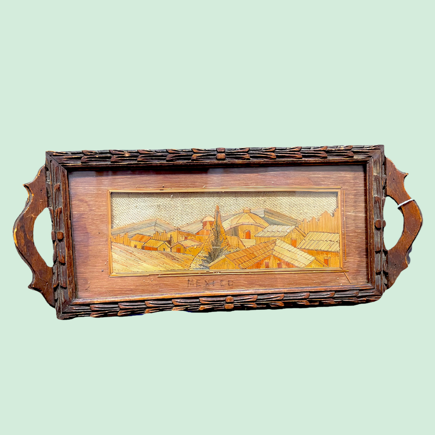 Vintage Folk Art Straw Beverage Tray Signed Mexico