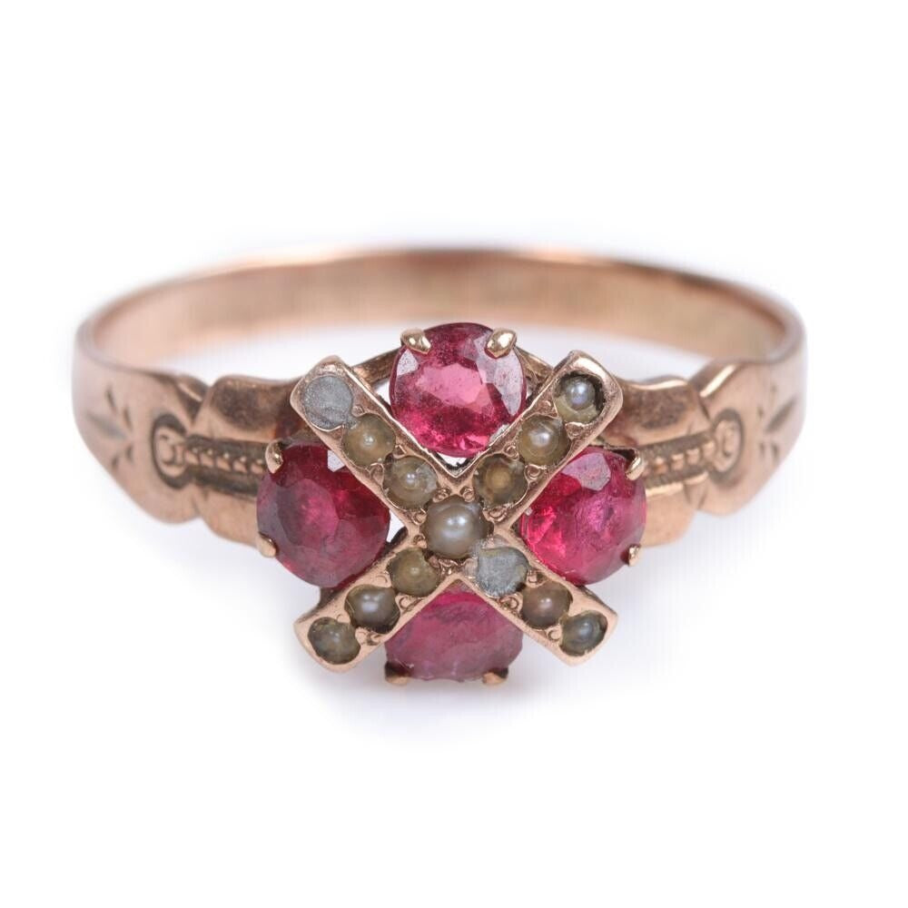 Antique Victorian 10K Rose Gold Garnet Engagement Ring With Seed Pearls