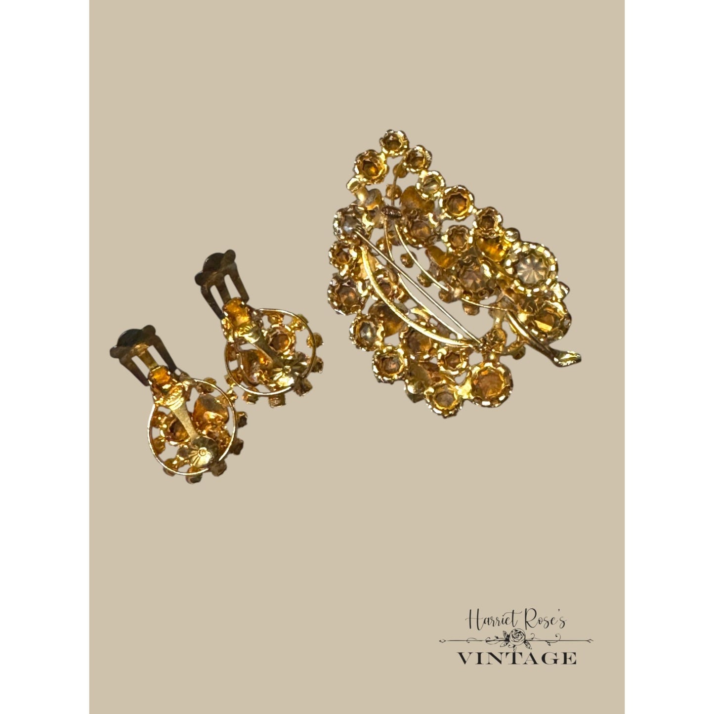 Vintage Kramer Aurora Borealis Rhinestone Clip-On Earrings & Leaf Brooch Set