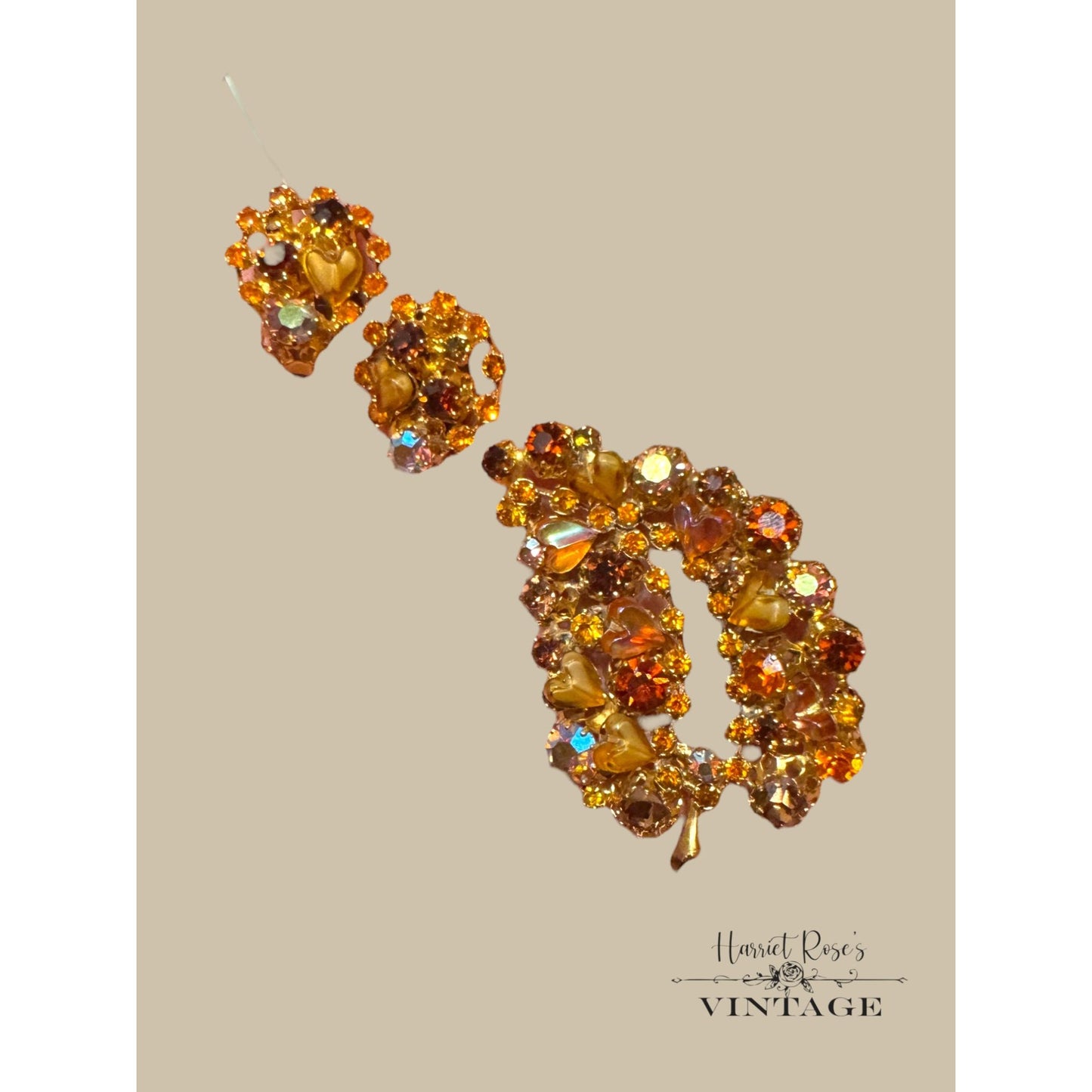 Vintage Kramer Aurora Borealis Rhinestone Clip-On Earrings & Leaf Brooch Set