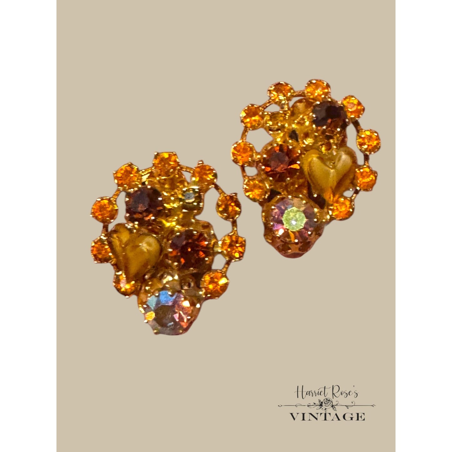 Vintage Kramer Aurora Borealis Rhinestone Clip-On Earrings & Leaf Brooch Set