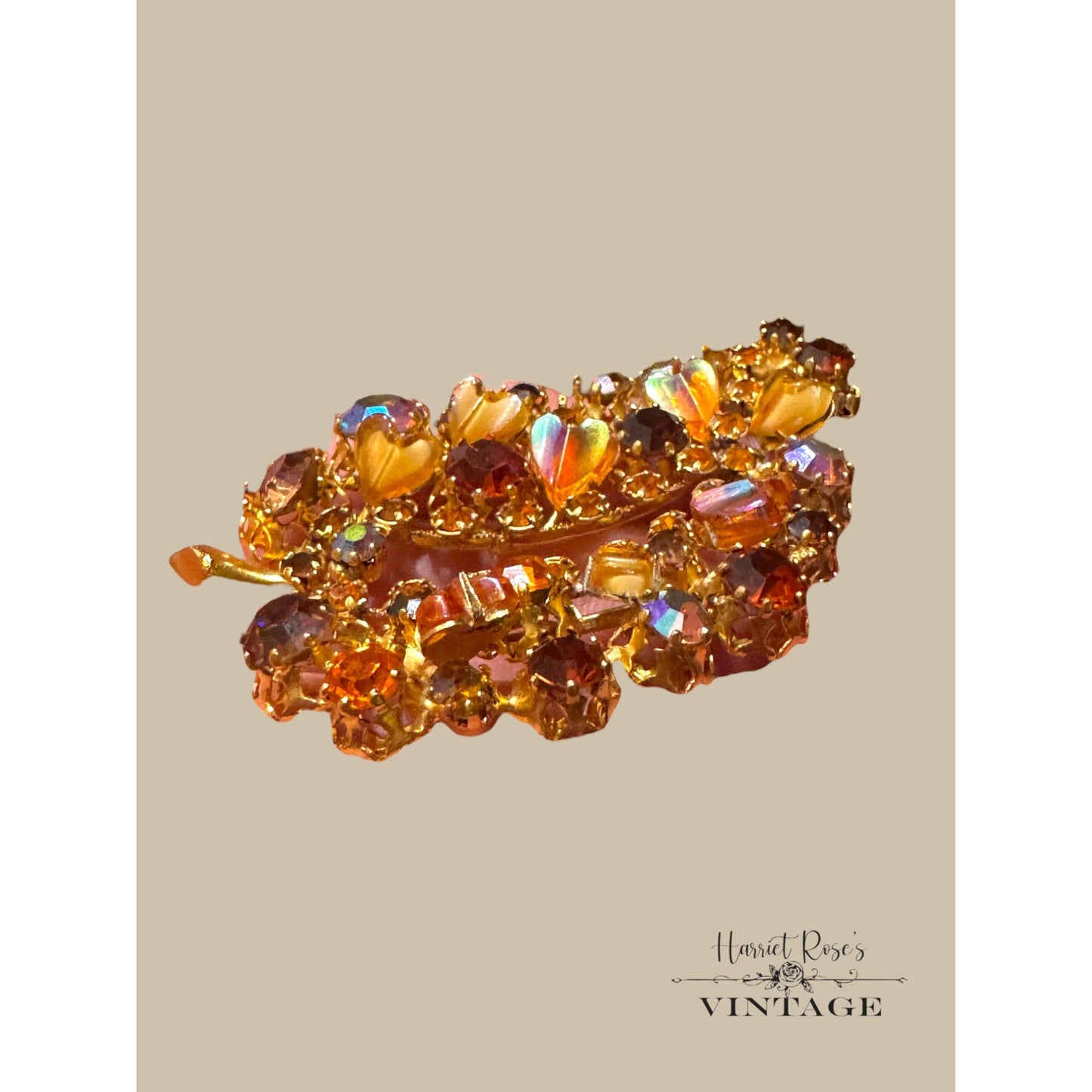 Vintage Kramer Aurora Borealis Rhinestone Clip-On Earrings & Leaf Brooch Set