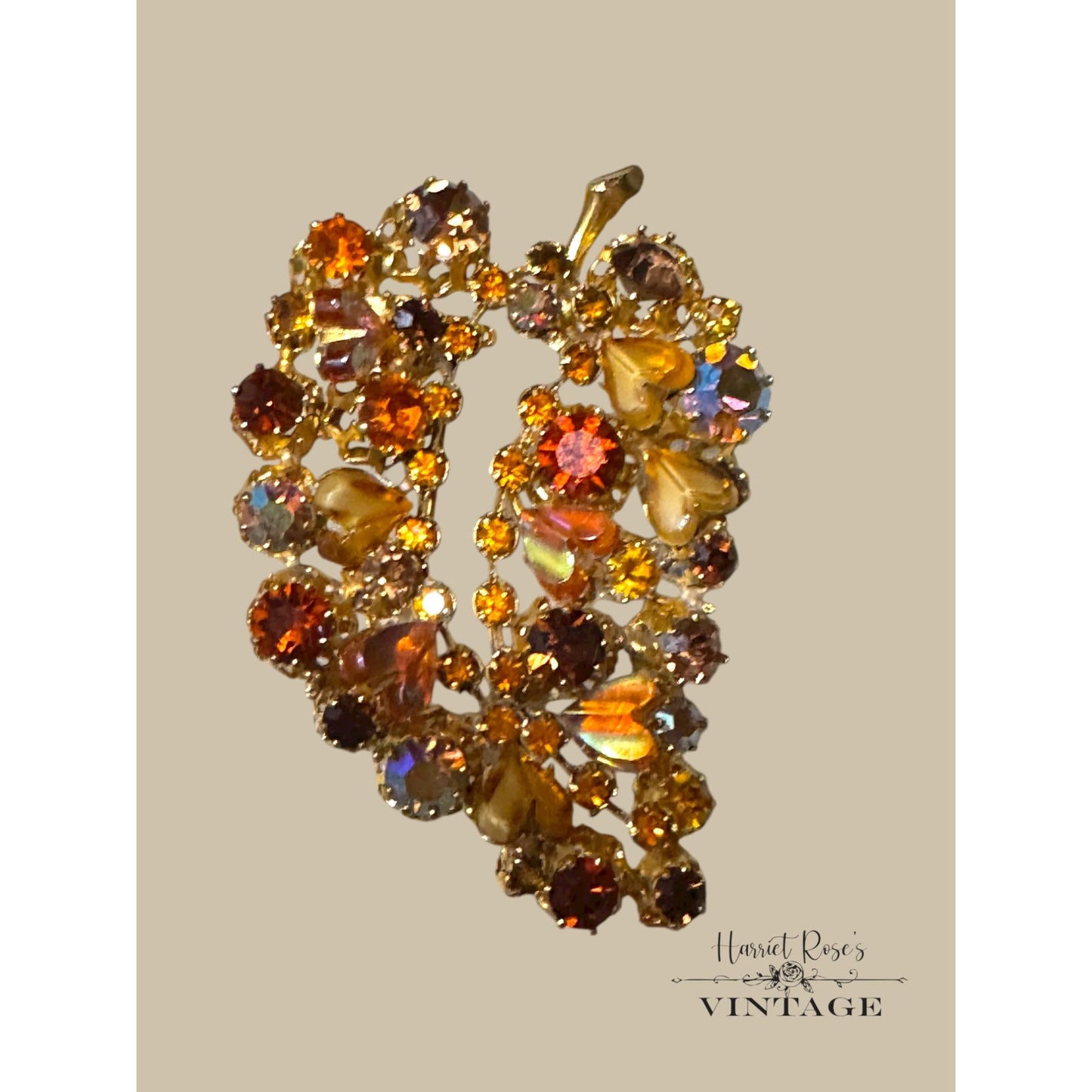 Vintage Kramer Aurora Borealis Rhinestone Clip-On Earrings & Leaf Brooch Set