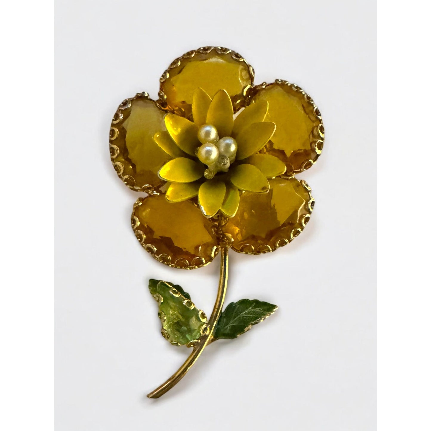 Vintage Yellow Flower Brooch With Rhinestones & Pearls Gold-Tone Metal Leaf Accent