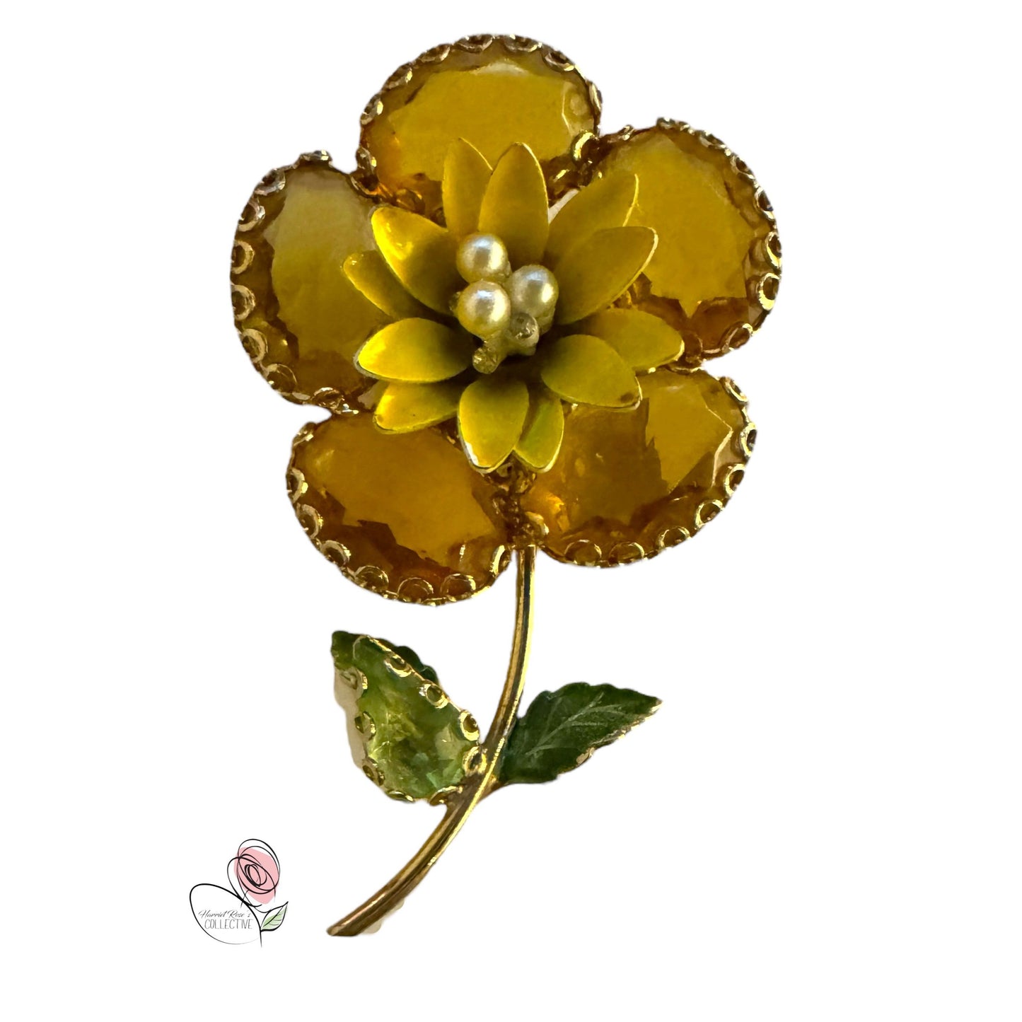 Vintage Yellow Flower Brooch With Rhinestones & Pearls Gold-Tone Metal Leaf Accent