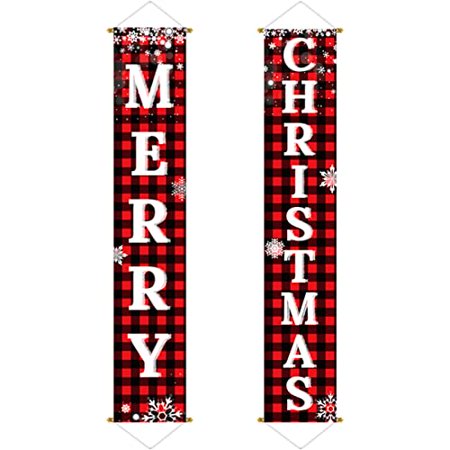 Vintage Style Merry Christmas Buffalo Plaid 2 Piece Door Fireplace Sign Banner