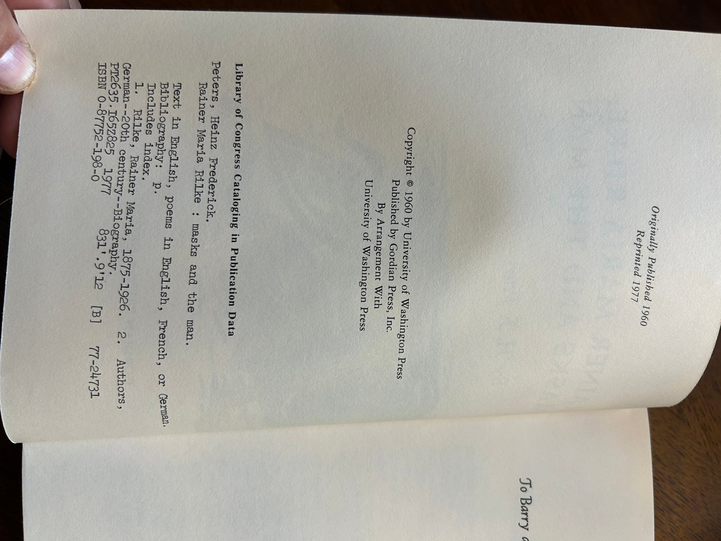 Rainer Maria Rilke: Masks and the Man - 1977 Reprint