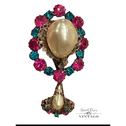 Vintage Statement Brooch Pink & Blue Rhinestones Faux Pearl Dangle Gold-Tone Metal Jewelry