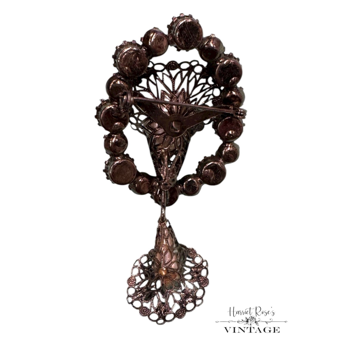 Vintage Statement Brooch Pink & Blue Rhinestones Faux Pearl Dangle Gold-Tone Metal Jewelry