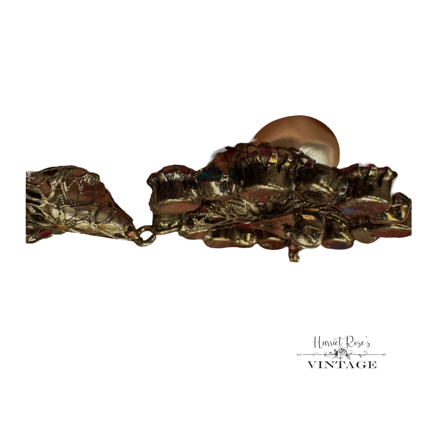 Vintage Statement Brooch Pink & Blue Rhinestones Faux Pearl Dangle Gold-Tone Metal Jewelry