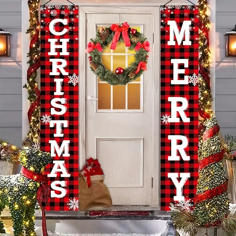 Vintage Style Merry Christmas Buffalo Plaid 2 Piece Door Fireplace Sign Banner