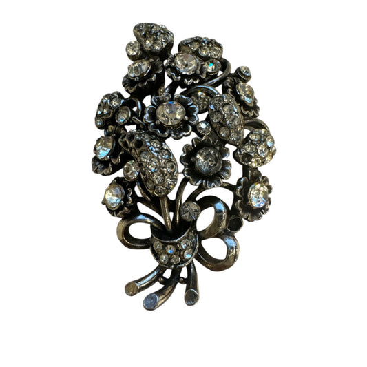 Vintage Hollycraft Rhinestone Floral Bouquet Brooch Pin Silver Tone Circa 1953