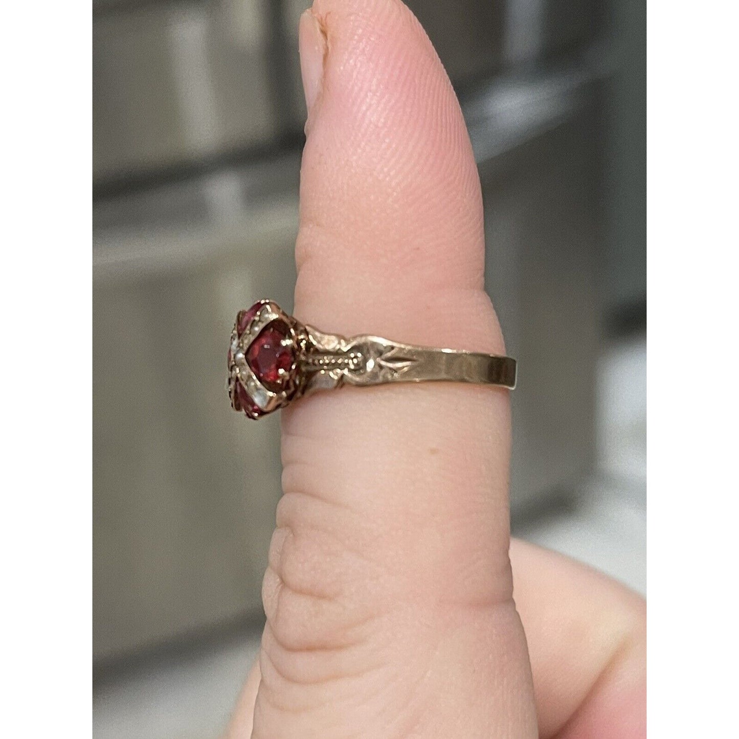 Antique Victorian 10K Rose Gold Garnet Engagement Ring With Seed Pearls