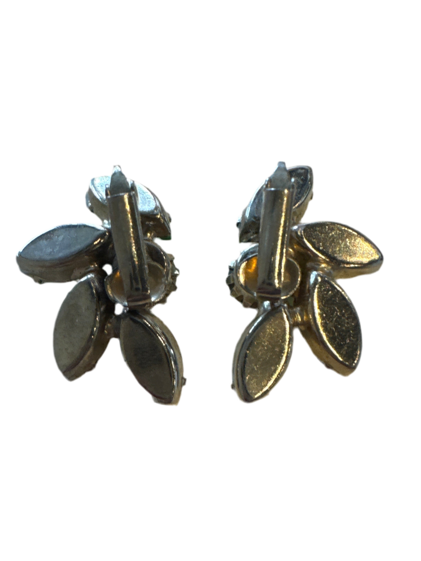 Vintage 1950’s Aurora Borealis Green Navette Crystal Rhinestone Silvertone Clip Earrings