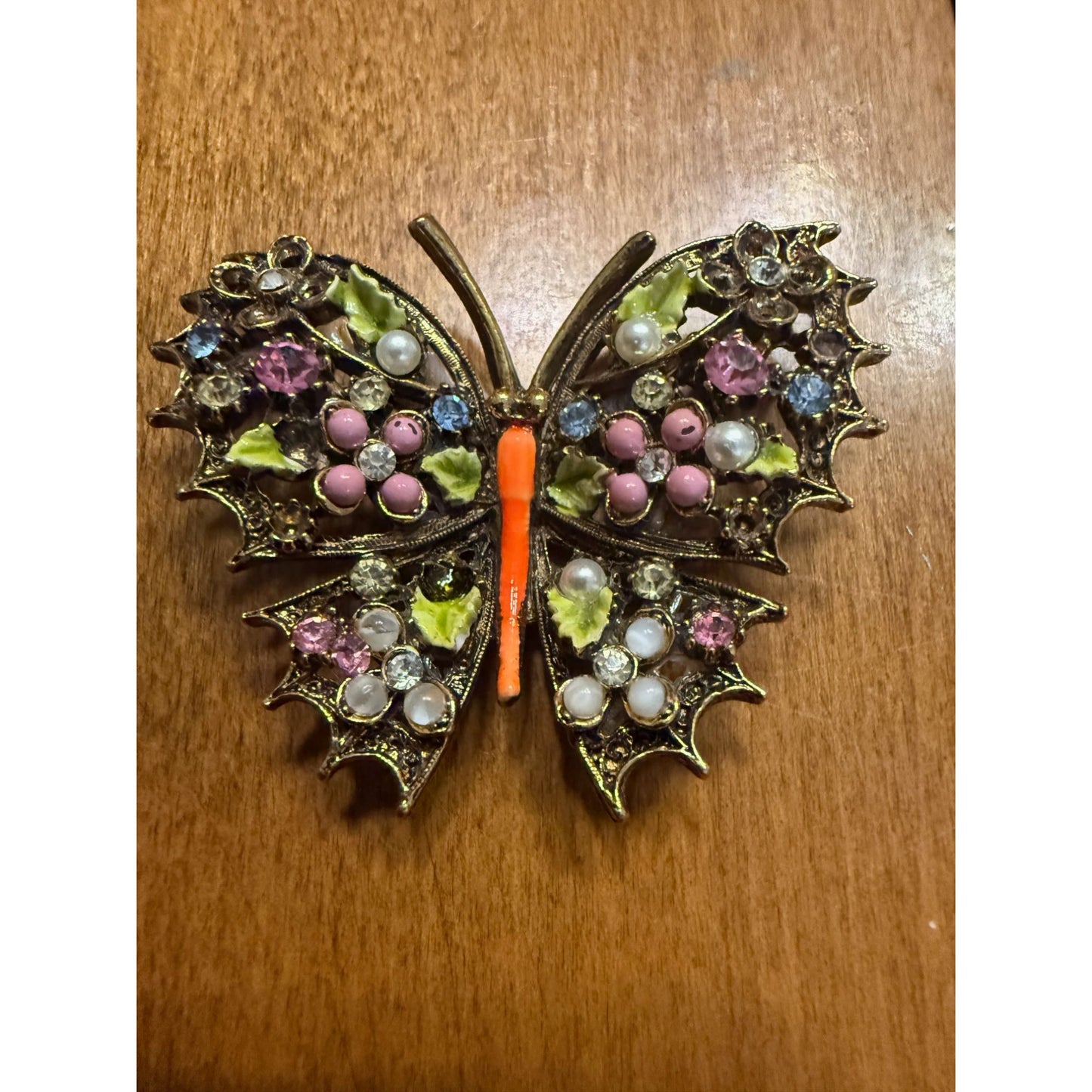 Vintage ART Butterfly Brooch With Rhinestones & Enamel Accents
