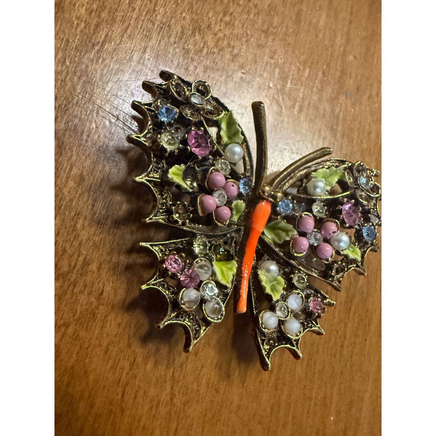 Vintage ART Butterfly Brooch With Rhinestones & Enamel Accents