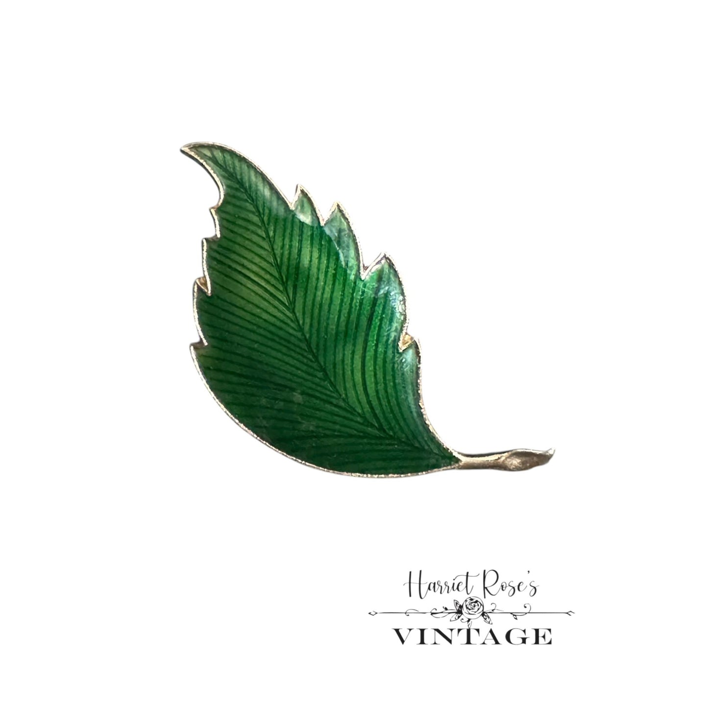 Vintage Green Enamel Leaf Brooch Pin With Gold-Tone Backing
