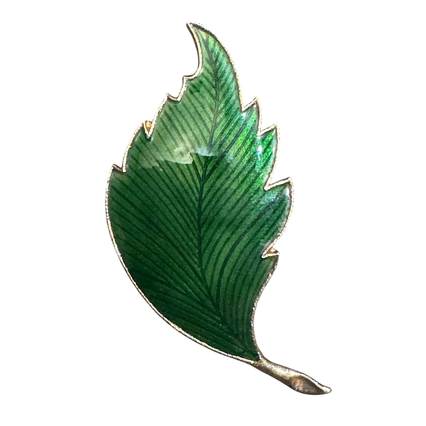 Vintage Green Enamel Leaf Brooch Pin With Gold-Tone Backing