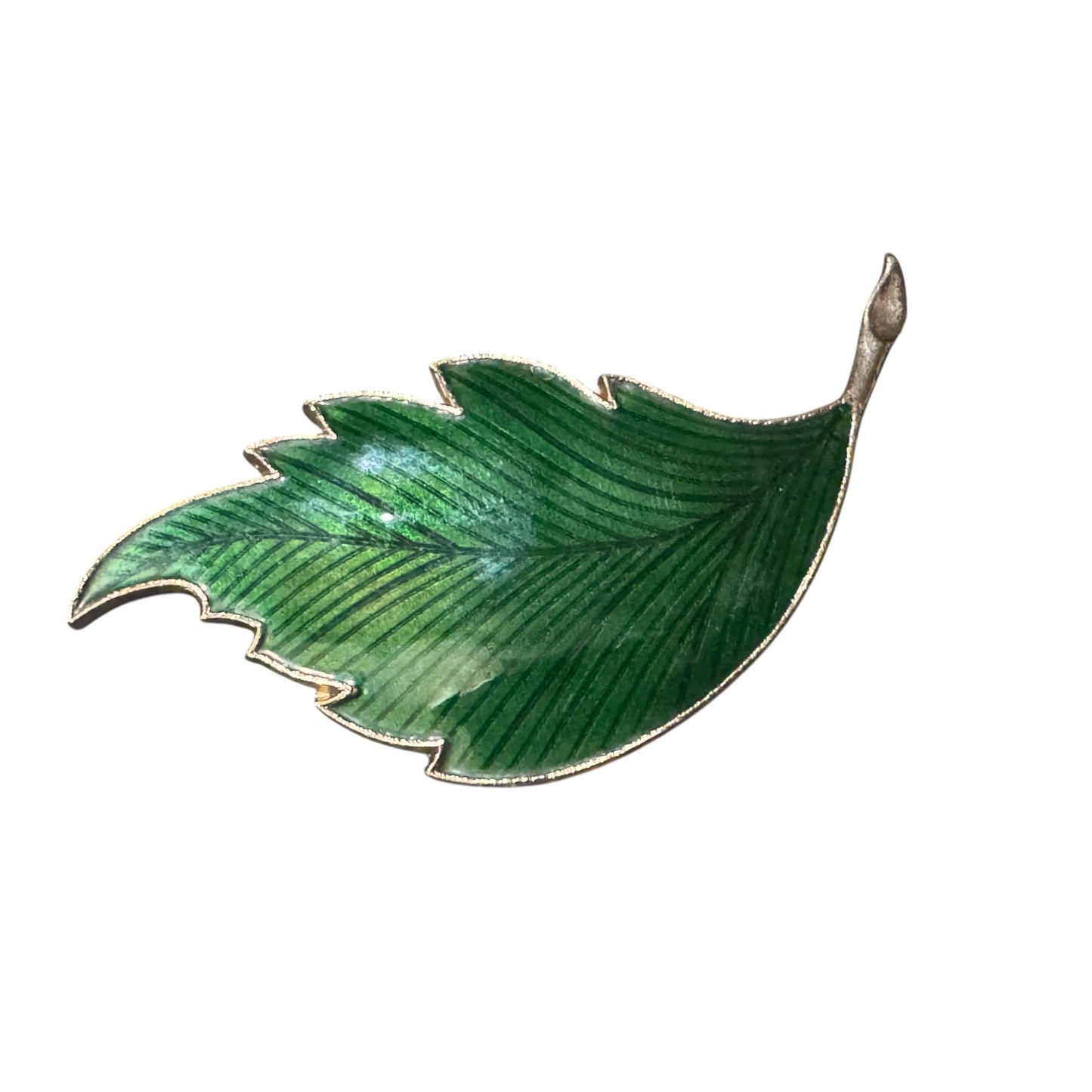 Vintage Green Enamel Leaf Brooch Pin With Gold-Tone Backing