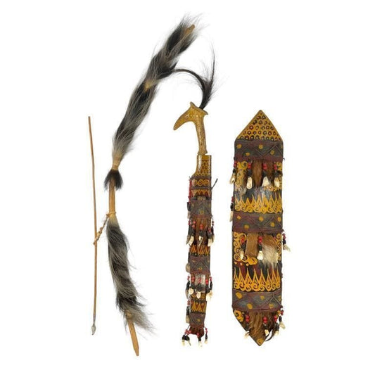 Vintage Handcrafted Tribal Ceremonial Sword & Sheath With Ornate Design Bone & Bead Details Wooden Handle Painted Art