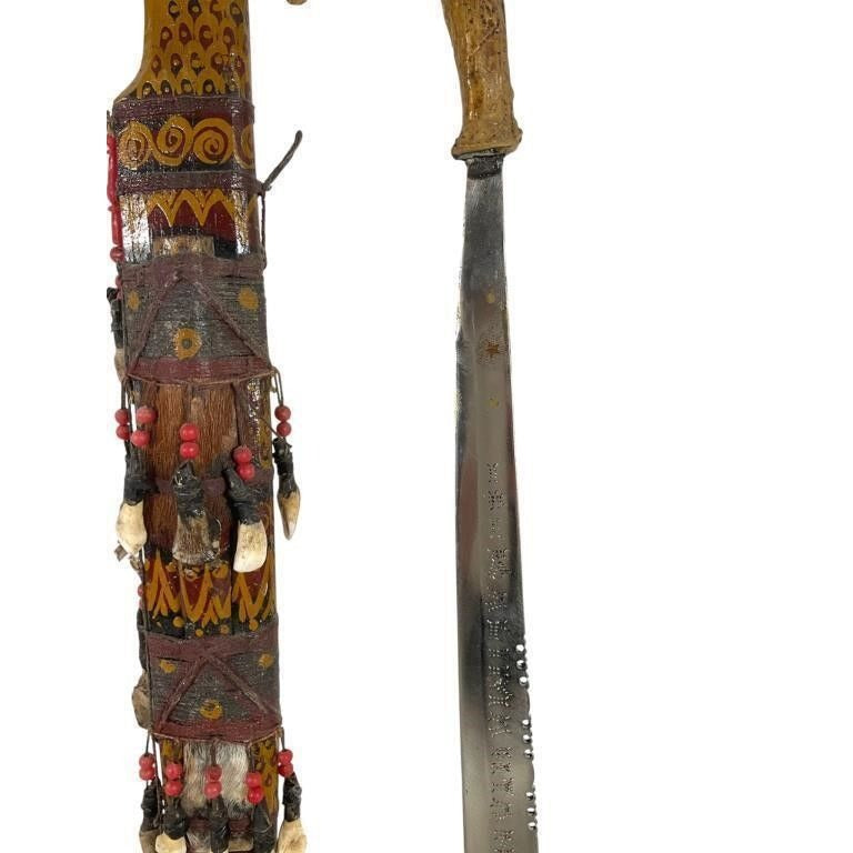 Vintage Handcrafted Tribal Ceremonial Sword & Sheath With Ornate Design Bone & Bead Details Wooden Handle Painted Art