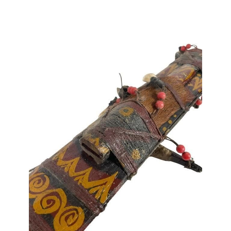Vintage Handcrafted Tribal Ceremonial Sword & Sheath With Ornate Design Bone & Bead Details Wooden Handle Painted Art