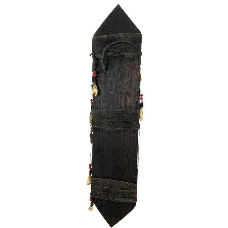 Vintage Handcrafted Tribal Ceremonial Sword & Sheath With Ornate Design Bone & Bead Details Wooden Handle Painted Art