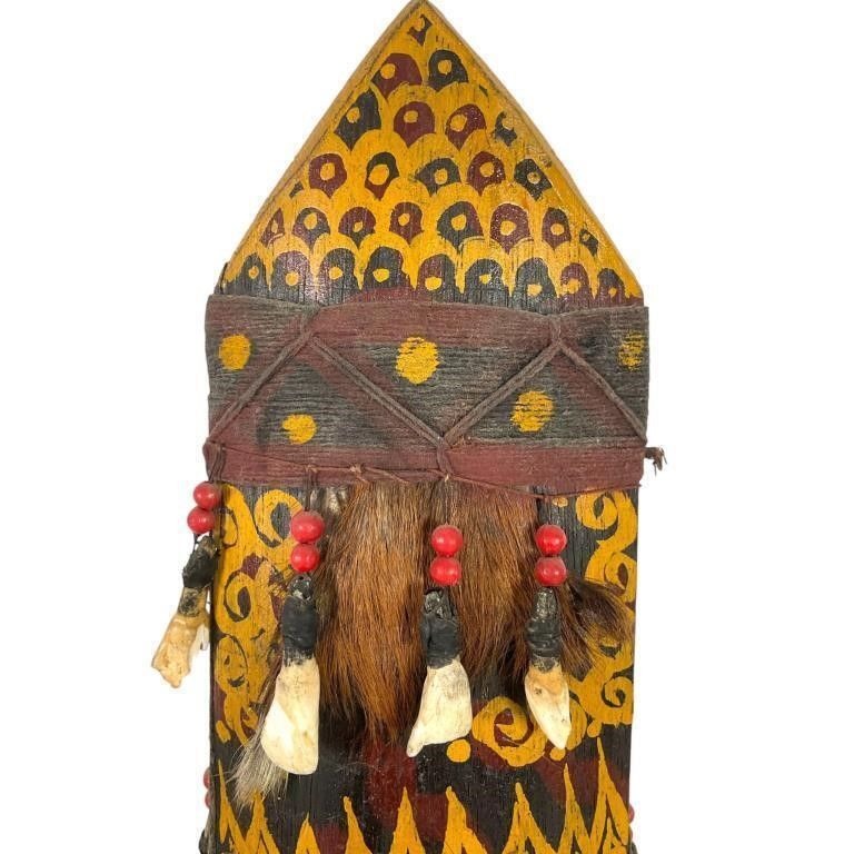Vintage Handcrafted Tribal Ceremonial Sword & Sheath With Ornate Design Bone & Bead Details Wooden Handle Painted Art