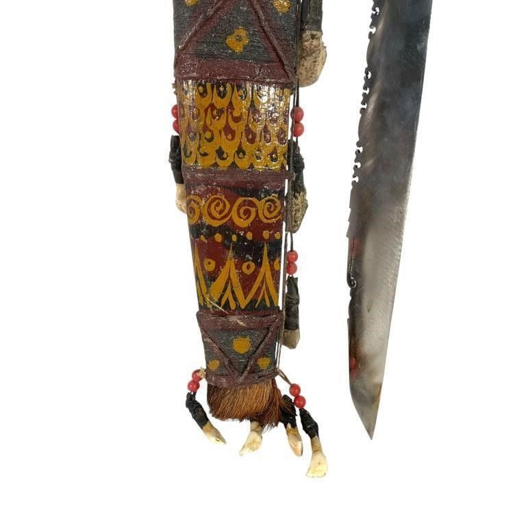 Vintage Handcrafted Tribal Ceremonial Sword & Sheath With Ornate Design Bone & Bead Details Wooden Handle Painted Art