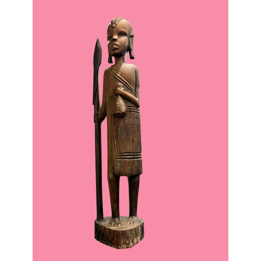 Vintage Hand-Carved Wooden Tanzanian Figurine With Spear Tanganyika 1964