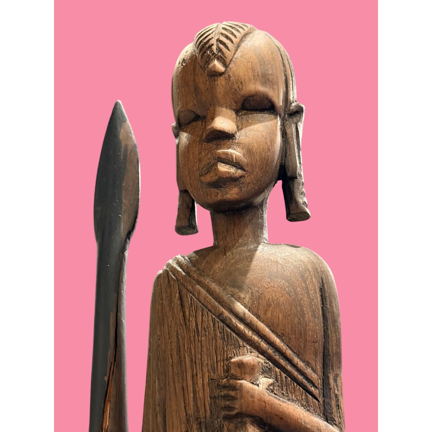 Vintage Hand-Carved Wooden Tanzanian Figurine With Spear Tanganyika 1964