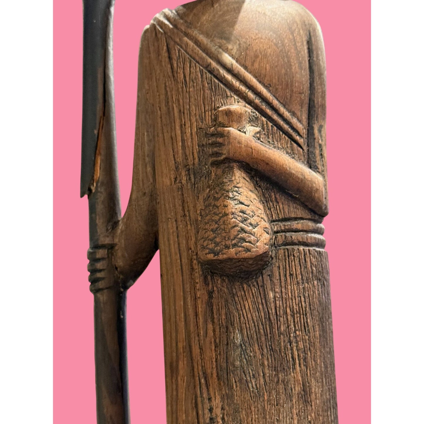 Vintage Hand-Carved Wooden Tanzanian Figurine With Spear Tanganyika 1964