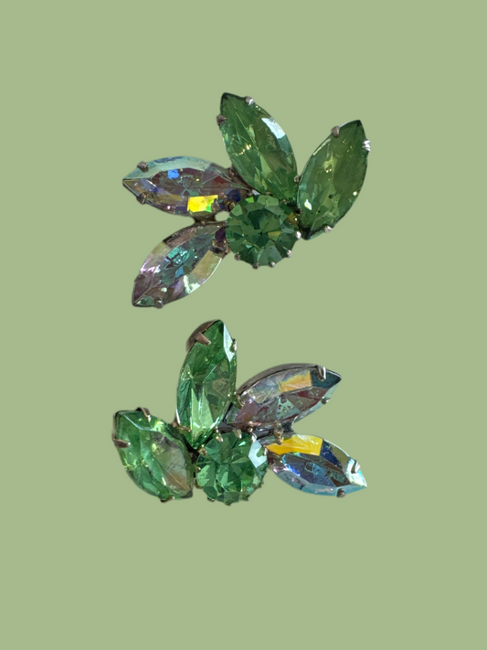 Vintage 1950’s Aurora Borealis Green Navette Crystal Rhinestone Silvertone Clip Earrings