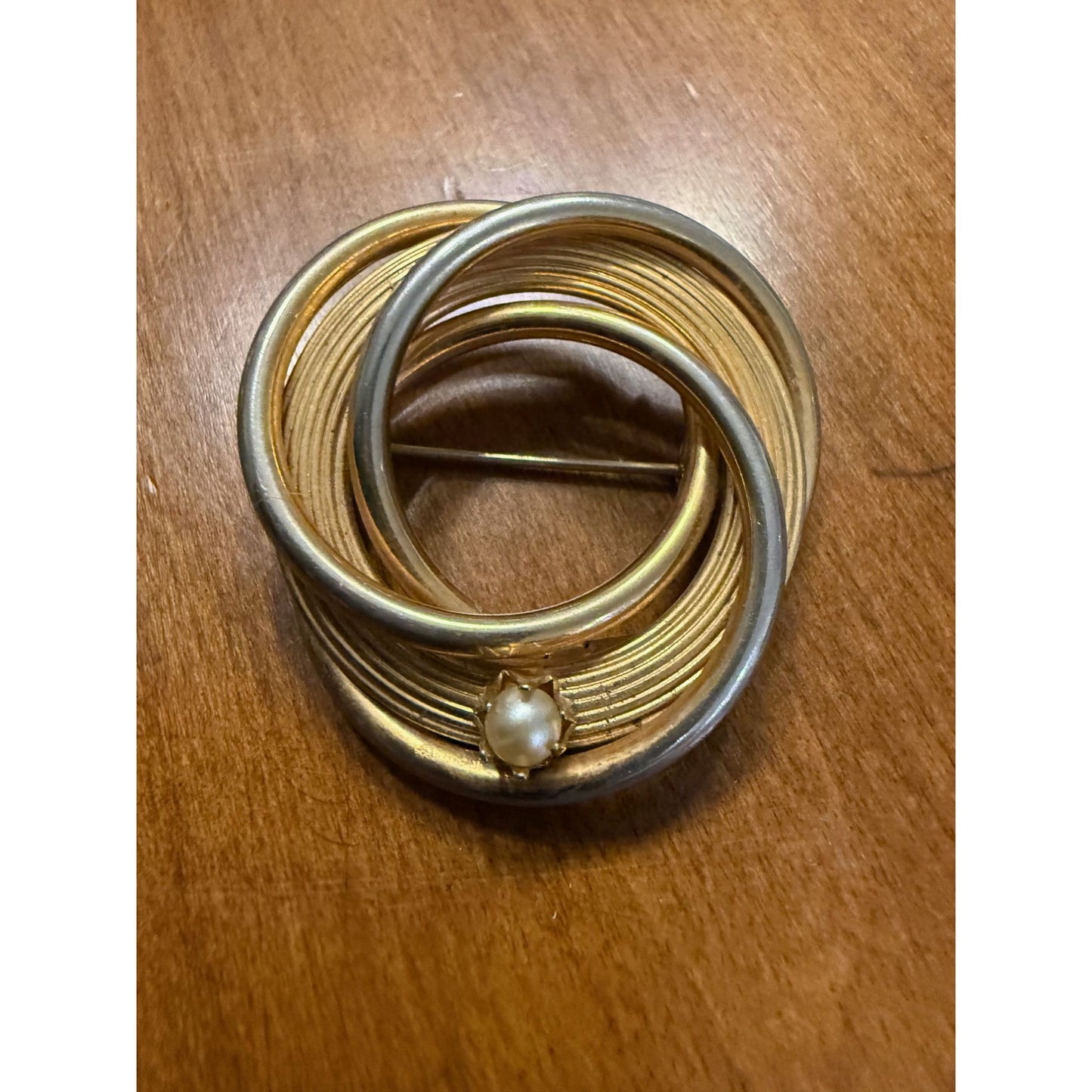 Vintage Gold & SilverTone Circle Brooch With Faux Pearl Accent