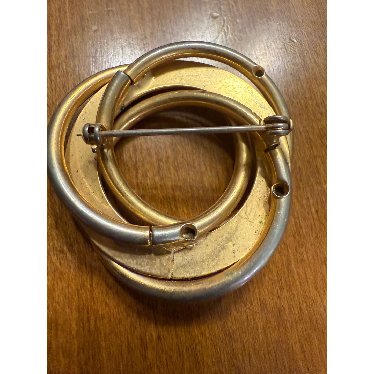 Vintage Gold & SilverTone Circle Brooch With Faux Pearl Accent