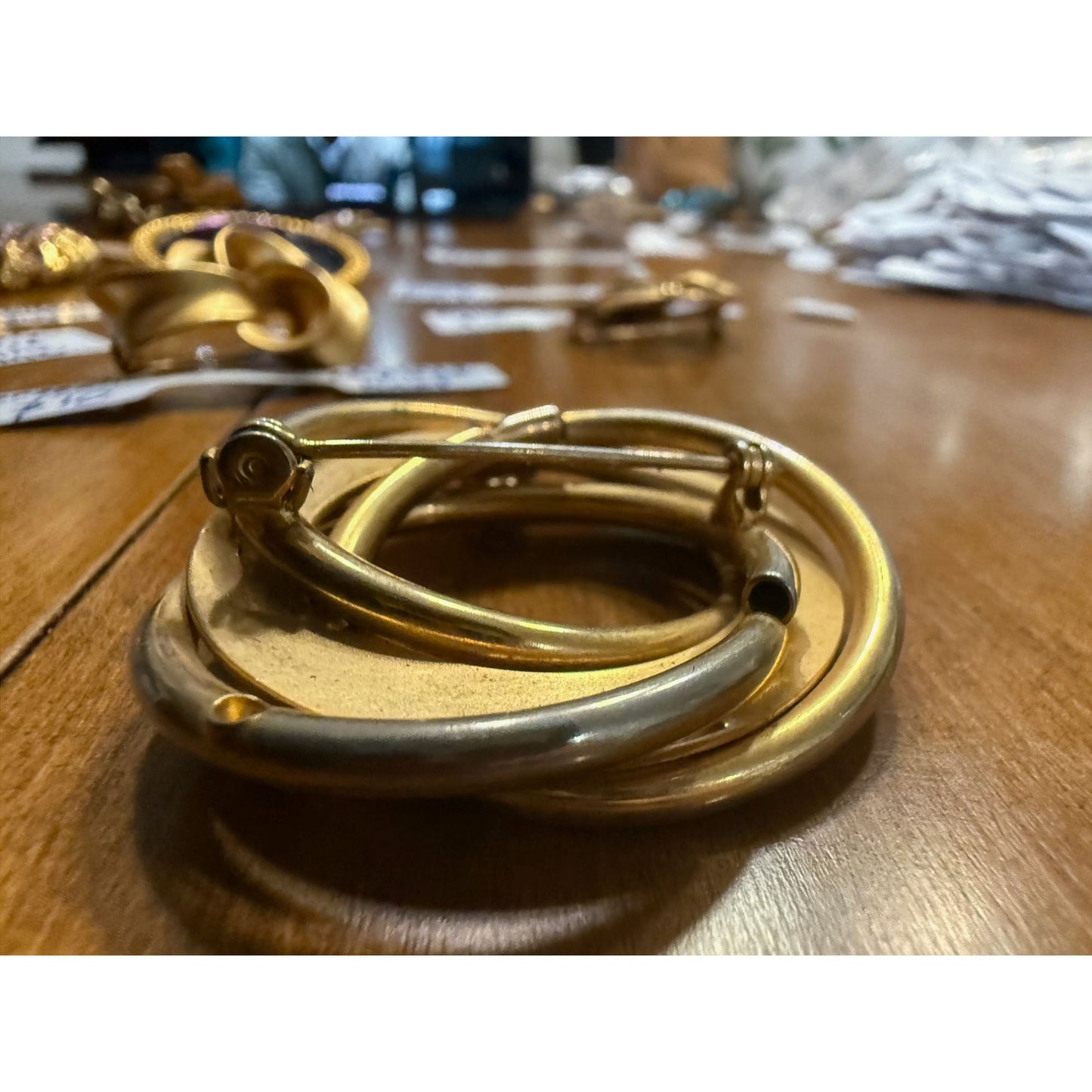 Vintage Gold & SilverTone Circle Brooch With Faux Pearl Accent