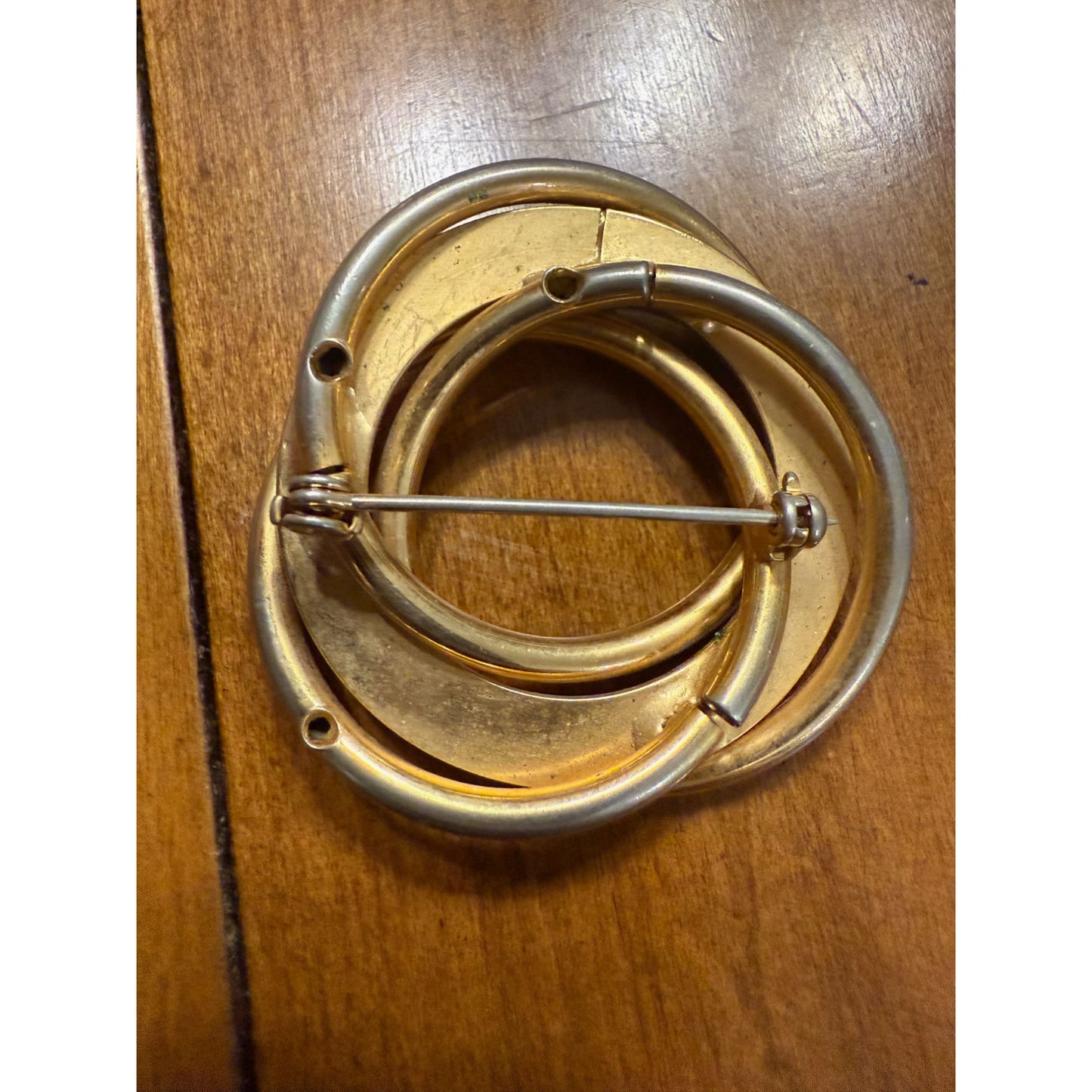 Vintage Gold & SilverTone Circle Brooch With Faux Pearl Accent