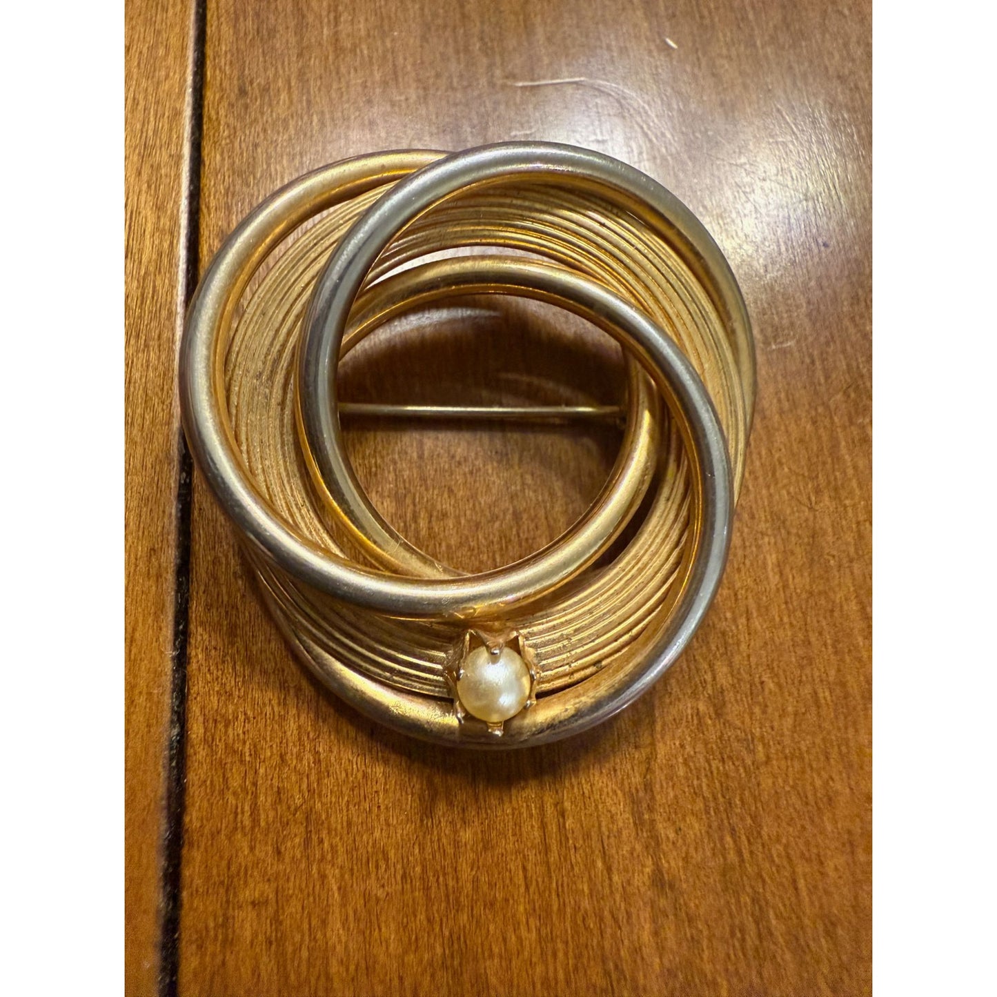 Vintage Gold & SilverTone Circle Brooch With Faux Pearl Accent