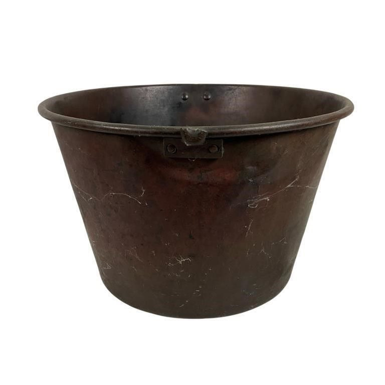 Antique Rustic Heavy Copper Bucket With Patina & Riveted Handle Mounts
